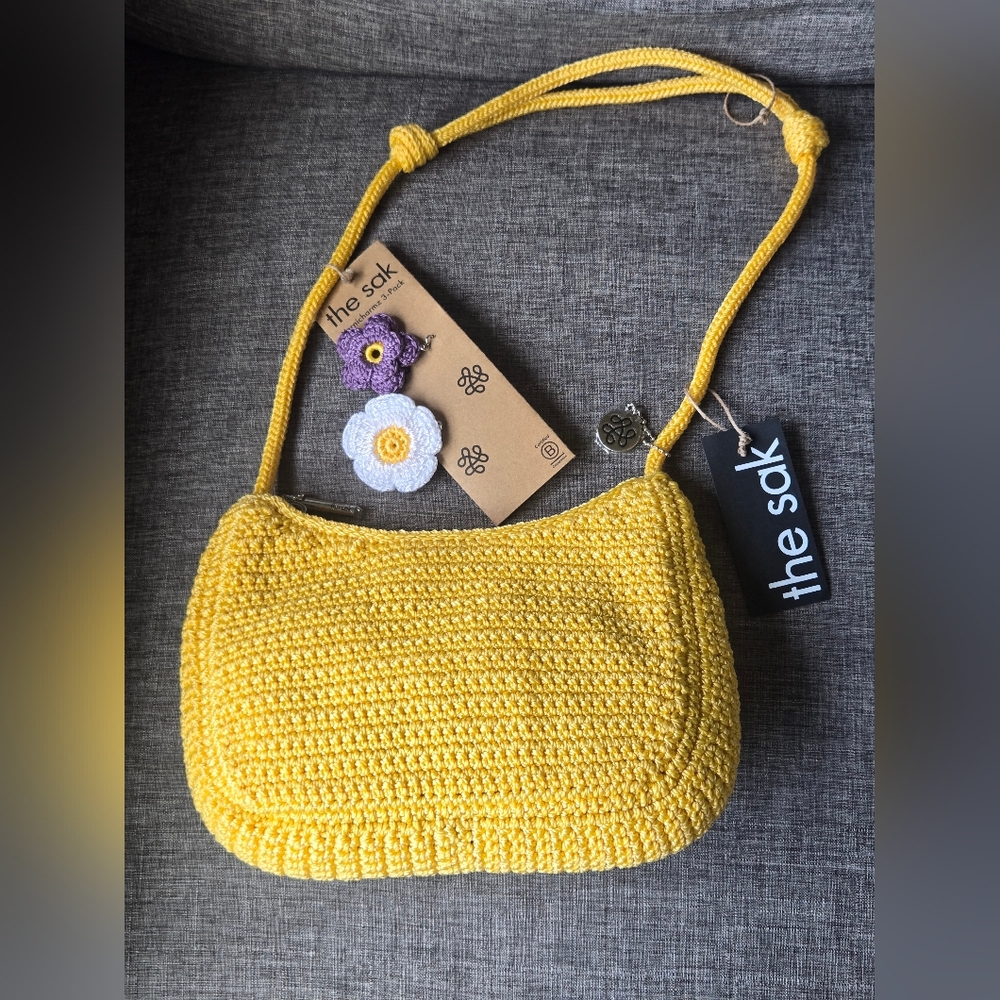 the Sak Josie Yarni Charm Shoulder Bag Yellow With 2 Flower Bag Charms